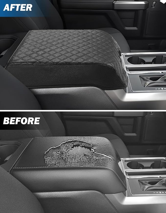 JOYTUTUS Center Console Cover Compatible with 2015-2020 Ford F150, 2017-2022 F250 F350 F450, 2018-2024 Ford Expedition, Leather Armrest Cover Center Console Cushion (Bucket Seat Only)