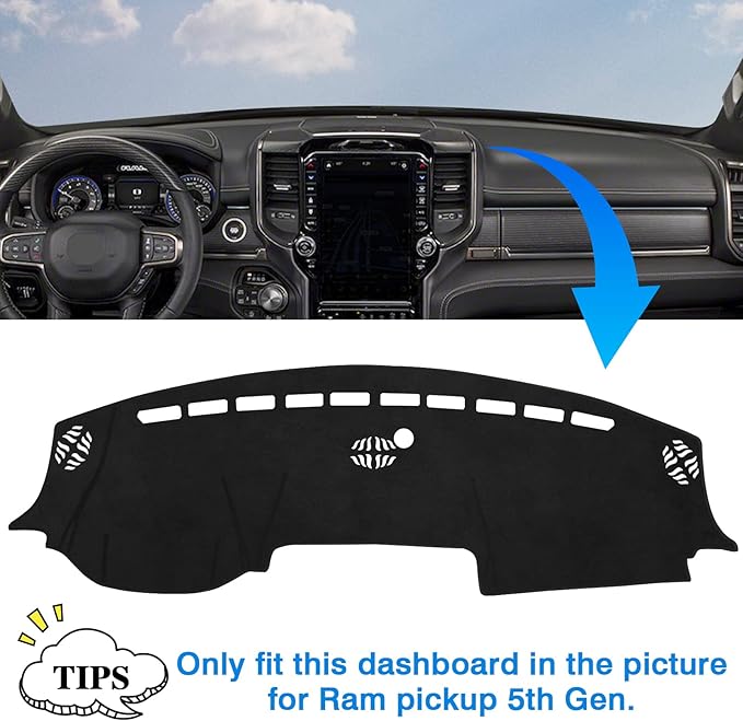 Autorder Dashboard Cover Mat for 2019-2023 2024 2025 2026 Dodge Ram 1500 2500 3500 Accessories Dash Cover Flannel Dash Mat Sunshade Glare UV Rays Protector Black