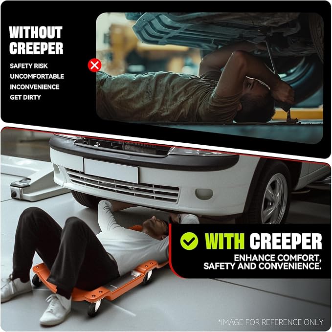 Auto Dynasty 40 Inches Mechanic Creeper, Automotive Garage Repair Low Profile Under Car Rolling Creeper with LED Light and Padded Headrest, Plastic, Orange