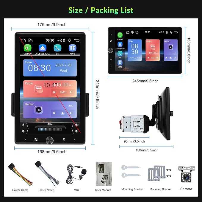 10.4" Single Din Touchscreen Car Stereo with Wireless Carplay& Android Auto, Adjustable Car Radio with Bluetooth, Mirror Link, FM Radio, Subwoofer, SWC, Backup Camera