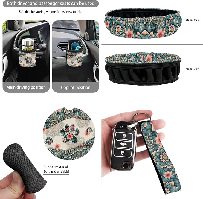 Dreaweet Dog Paw Car Seat Covers Full Set for Women Boho Car Accessories Steering Wheel Cover Seat Belt Pads Coasters Trash Bag Vent Storage Pouch Rear View Mirror Cover Keychain Universal Fit