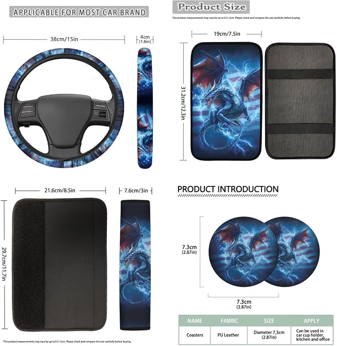 Bulopur Western Dragon Lightning Car Seat Covers Full Set with Matching Steering Wheel Cover American Flag Car Interior Decor Set for Truck Van Sedan Car Armrest Cover Seat Belt Covers Coasters