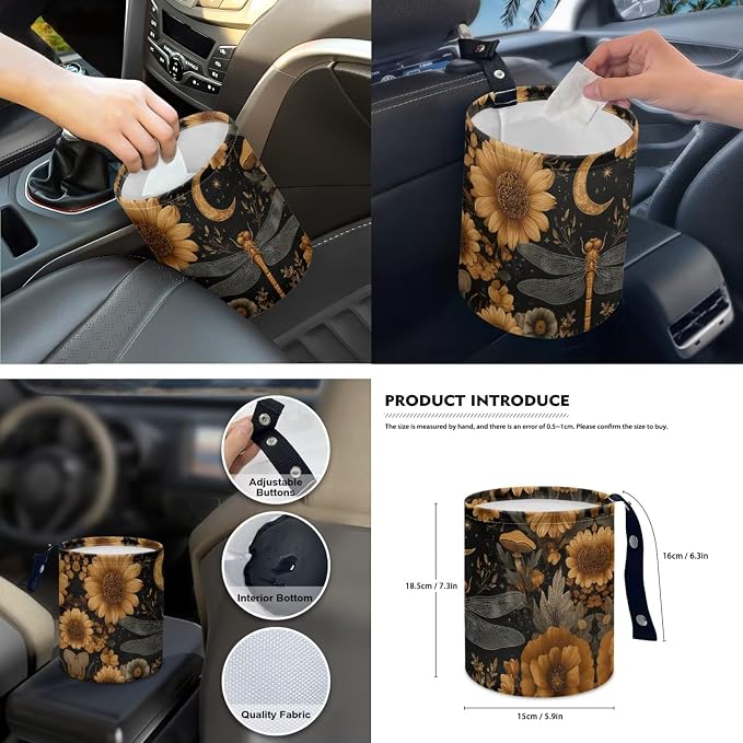 Moon Floral Car Aaccessories Full Set of 15 Pcs, Dragonfly Car Seat Covers Set with Rear View Mirror Cover,Steering Wheel Covers,Car Trash Can with Lid for Women,Universal Fit