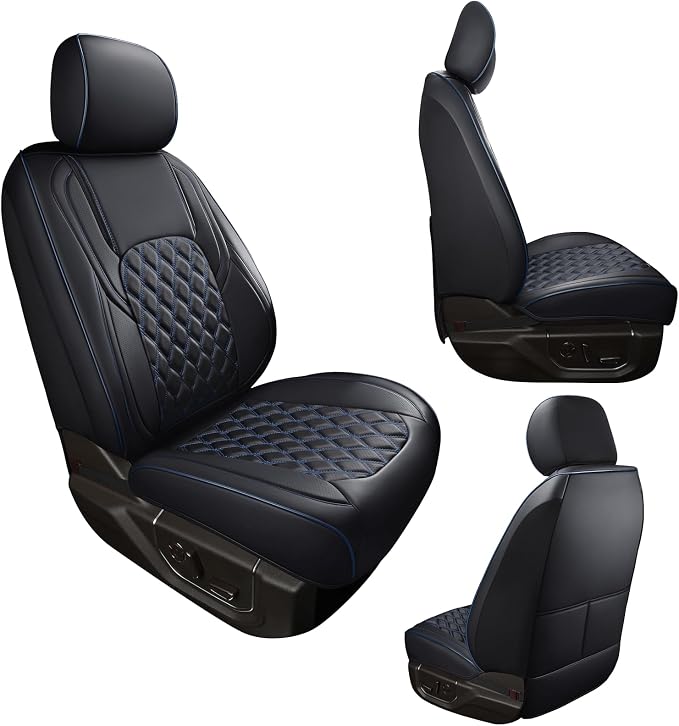 Huidasource Ford F150 Front Seat Covers, Full Coverage Faux Leather Pickup Seat Protector Fit for 2015-2026 Ford F150 SuperCrew & 2017-2026 F250 F350 F450 Super Duty Crew Cab (Front Pair/Black&Blue)