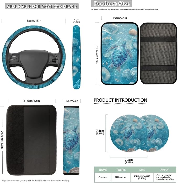 Bulopur Sea Turtle Automotive Seat Covers Front and Back with Car Steering Wheel Cover Non-Slip Armrest Pad Seat Belt Covers Keychain Automotive Interior Accessories Set 14 Pack