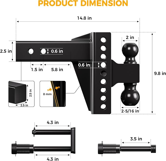 CAMMOO Adjustable Trailer Hitch, Tow Hitch Fits 2.5 inch Receiver, 6 inch Rise/Drop Hitch, 2" and 2-5/16" Ball Hitch, 22000 LBS GTW Truck Hitch with U-Shaped Alloy Steel Anti-Theft Pin, Black