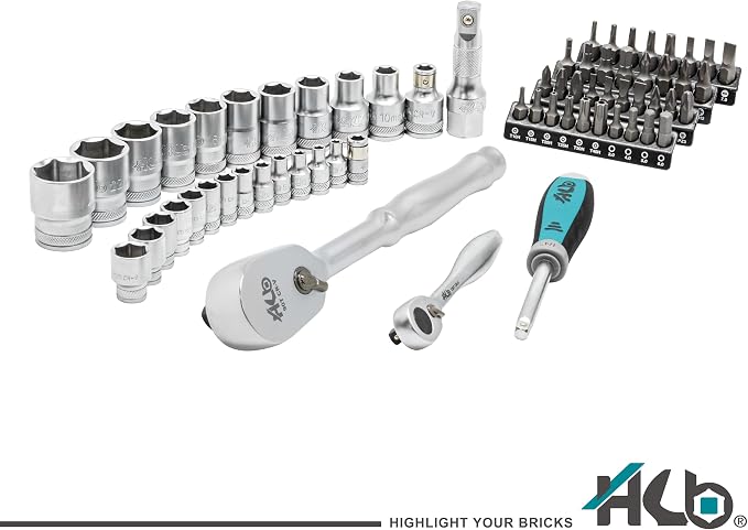 HB 66-Piece Socket Set AKM032-U | 1/4" & 1/2" Drive 90-Tooth Sealed Head Ratchets 4° Arc Swing | Chrome Vanadium Steel Micro-Chrome Finish | SAE Metric Sockets Portable Rack Made in Taiwan