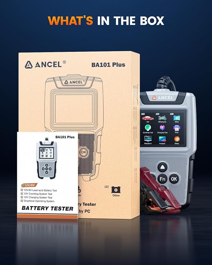 ANCEL BA101 Plus Car Battery Tester 6V 12V Load Tester,20-2000 CCA Digital Automotive Alternator Analyzer, Charging Cranking System Diagnostic Tool for Car, Truck, Motorcycle, SUV, Boat, RV, and More