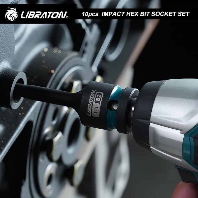 LIBRATON Impact Hex Bit Socket Set, 1/2" Dr, S2 Steel, 10PCS High Torque Sockets (SAE 1/4"-3/4") for Professional Mechanics & Automotive Repair (XPE Storage Case)