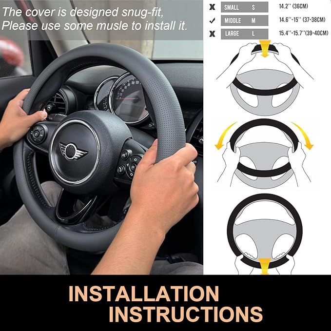 PINCTROT Nappa Leather Steering Wheel Cover, Slim Fit No Bulk Design, One Piece Leather with Breathable Perforation, Fit Like Gloves, Universal 14.5-15 Inch(Nappa Dark Gray)