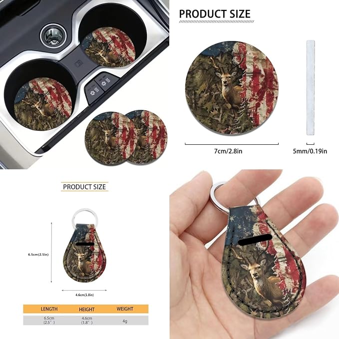 Suobstales Deer Camo Print Car Seat Covers Full Set for Women Men Retro American Flag Seat Cover Protector Auto Decorative with Steering Wheel Cover +Seat Belt Covers +Coasters +Keychains