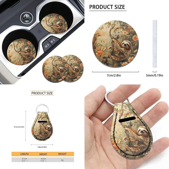 Suobstales Cute Sloth Print Car Seat Cover for Women Full Set SUV Interior Accessories Front/Back Bench Bucket Seat Cover,Steering Wheel Cover,Seat Belt Cover,Cup Holder Coasters,Keychain