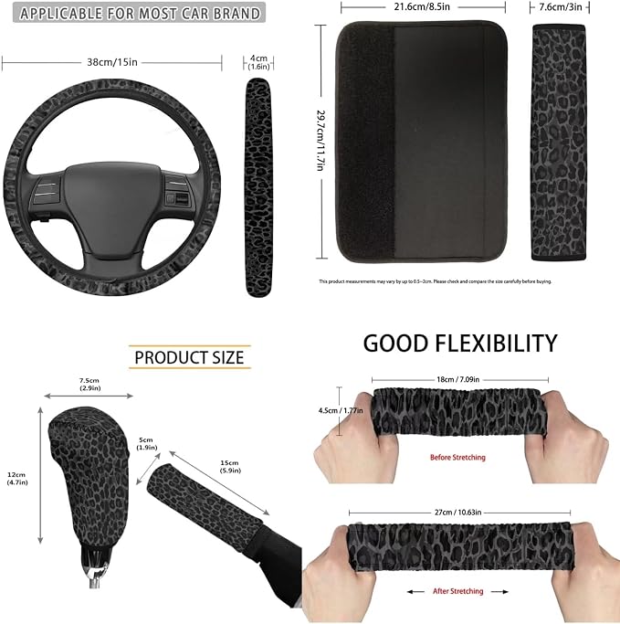 Black Leopard Print 11 Pack Car Seat Covers Full Set Front Seat Cover Car Steering Wheel Cover Auto Seat Belt Cover Gear Lever Cover Cars Rear View Mirror Cover for Cars SUV
