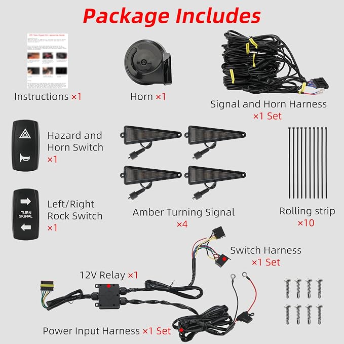 UTV Turn Signal Kit with 110DB Horn, Pre-Wired, Plug and Play ATV UTV Blinker with Rocker Switch, Universal UTV Street Legal Kit Compatible with Polaris, Can Am, CFMOTO, Arctic Cat