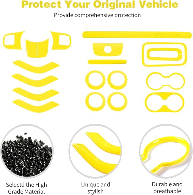 CheroCar 18PCS Interior Trim Kit for Jeep Wrangler JK JKU 2011-2018 4 Door,Steering Button Frame, Air Conditioning Vent Trim Cup Holder Cover,Gear Shift Knobs Frame,Yellow…