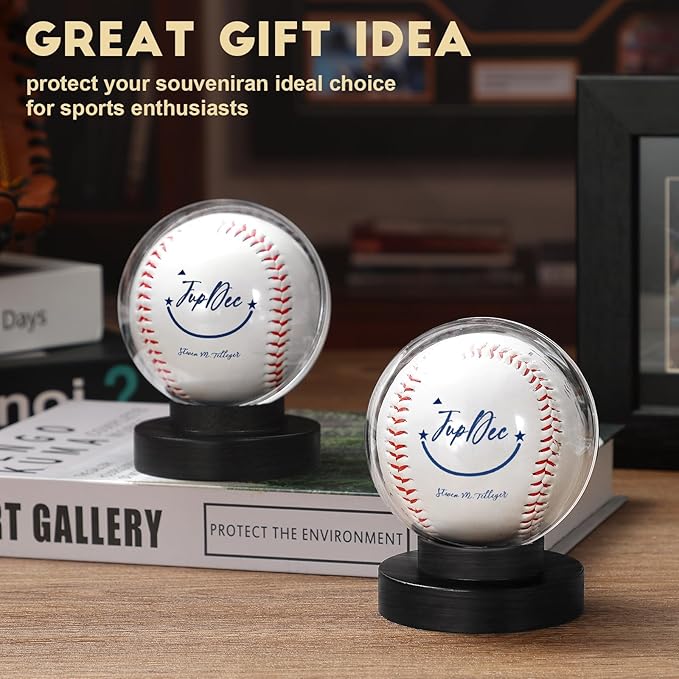 JupDec Baseball Display Case, Round Clear Ball Holder with Wooden Base, Autograph Baseball Stand Box for Single Ball, Acacia Wood, Black