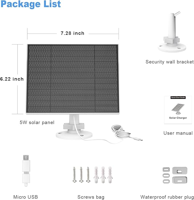 Solar Panel for Eufy Outdoor Camera, 5W Solar Panel Charger Compatible with Eufycam, Continuous Power Supply, 9.8ft Charging Cable, IP65 Waterproof, Adjustable Wall Mount, 1 Pack