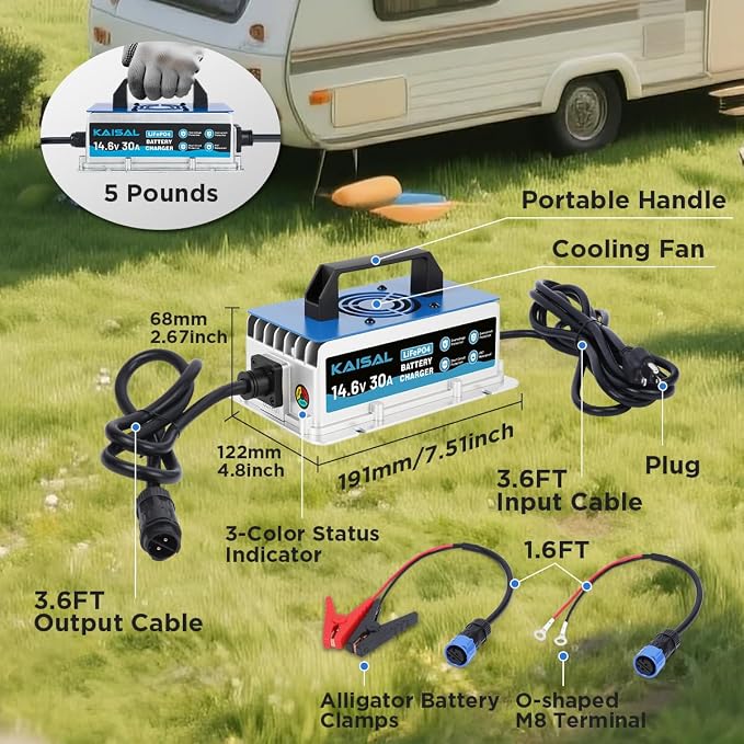 12V 30A Lithium Battery Charger 14.6V LiFePO4 Battery Charger IP67 Waterproof & 0V Wake Up 12 Volt Lithium Charger with 2 Connectors, 8 Protections for 12.8V LiFePO4 Battery of RV, Boat, Solar, Marine