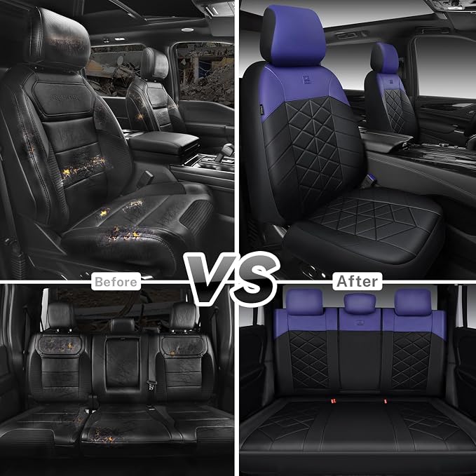 CAR PASS Memory Foam Leather Seat Covers Full Set, Breathable Perforated Nappa Leather Seat Covers Universal Fit for Most Cars,Sedans,SUV,Trucks Thick 3D Foam Comfortable, Airbag Compatible Black Blue
