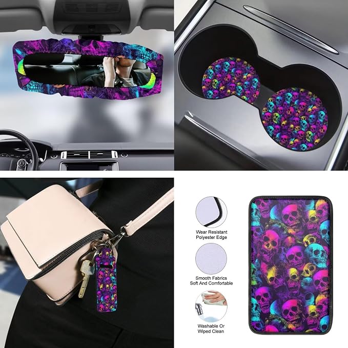 Skull Print Car Seat Covers Set of 15 High Back Front and Back Seat Covers with Steering Wheel Cover Safety Belt Pads Headrest Protectors Armrest Cushion Cup Coasters and Keychain