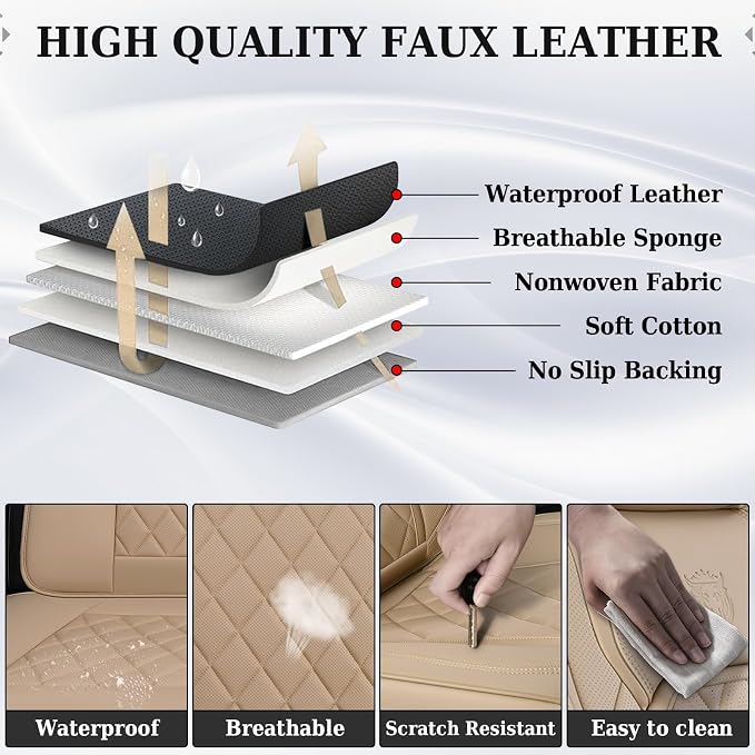 Coverado Car Seat Covers Full Set, 5 Seat Universal Seat Covers for Cars, Luxury Faux Leather Waterproof Seat Cover, Front and Back Car Seat Protector, Auto Seat Cover Fit for Most Vehicles, Beige