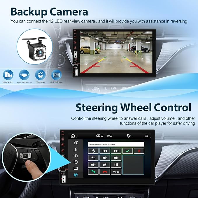NHOPEEW Single Din Stereo with Wireless Carplay and Android Auto - 7 Inch Touch Screen Car Radio - Online Video/EQ Audio/Mirror Link/SWC/Bluetooth/FM/USB Charging + 12leds Backup Camera