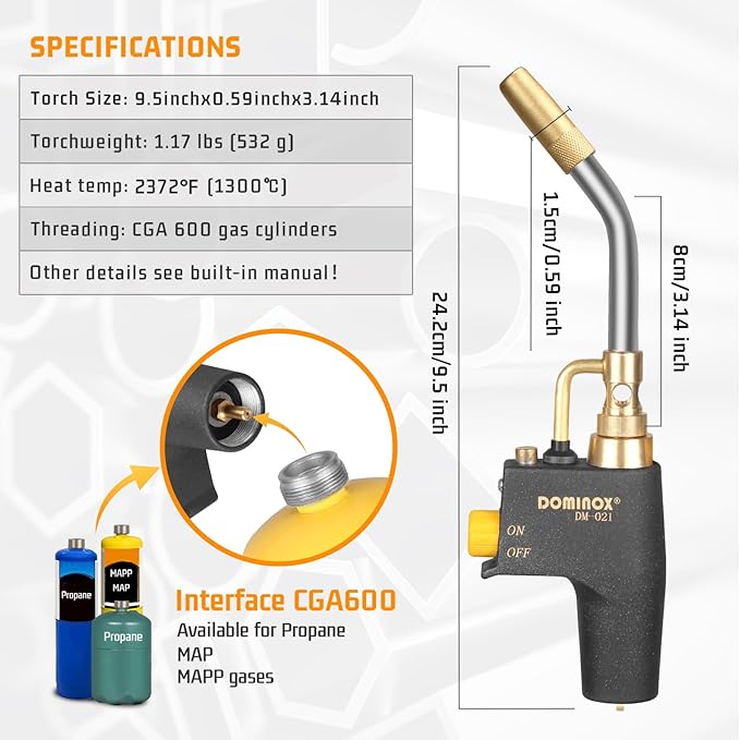 DOMINOX Propane Torch Head for MAP, MAPP and Propane Tank, High Intensity Trigger Start Torch, for Soldering, Ignition, Cooking, Lighting (Not Included Gas Tank)