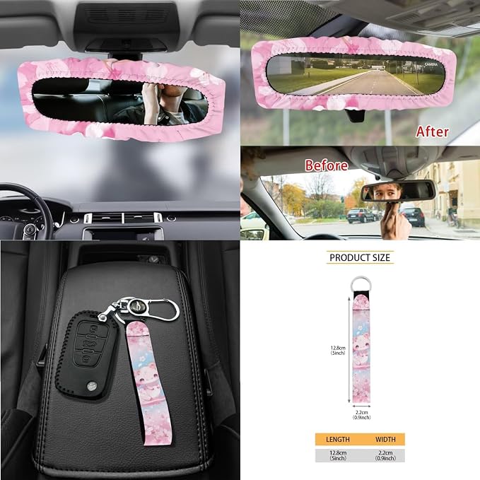 Cute Axolotl Print Car Accessories Seat Covers Full Set Cherry Blossom Print Car Front Back Seat Cover Steering Wheel Cover Safety Belt Pads Car Rear View Mirror Protector