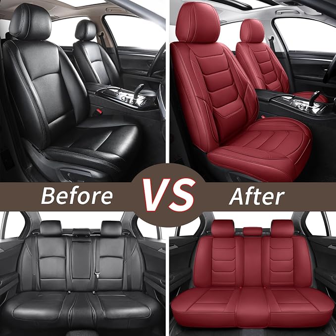 Red Leather Car Seat Covers Full Set Breathable Seat Protectors Waterproof Automotive Seat Covers Universal Fit for Most Cars SUVs Trucks Vehicles