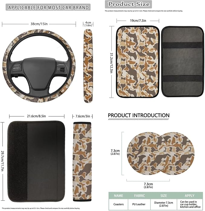 Bulopur Camo Hunting Duck Car Seat Covers Front and Rear with Steering Wheel Cover Elastic Center Console Cushion Anti-Slip Seat Belt Pads 14 Piece Vehicle Interior Decor Set