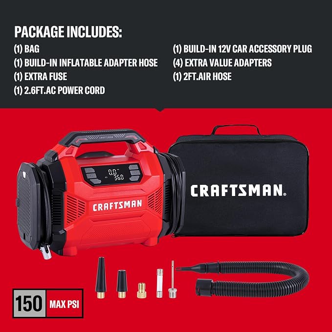 CRAFTSMAN Dual Power Tire Inflator with Digital Gauge & Auto Shut-Off | 12V DC Car Plug and 120V AC Home Use with Up to 150 PSI, LED Light, Portable Air Pump for Car Tires, Bikes and Inflatables