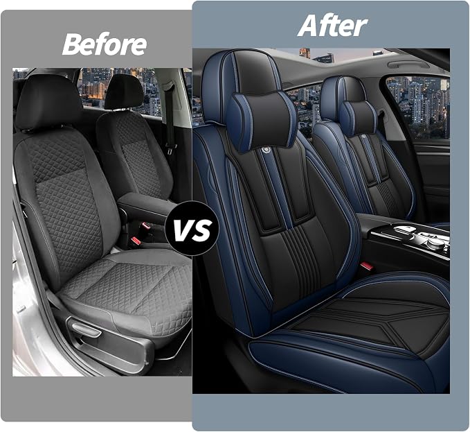 Arazi Fit for 90% of Mercedes-Benz Seat Covers, 360° Full Wrap Original Seat Cover, Waterproof Nappa Leather Seat Covers with Big Space Storage Pocket Seat Protector(2 Seats Luxury, Black&Blue)