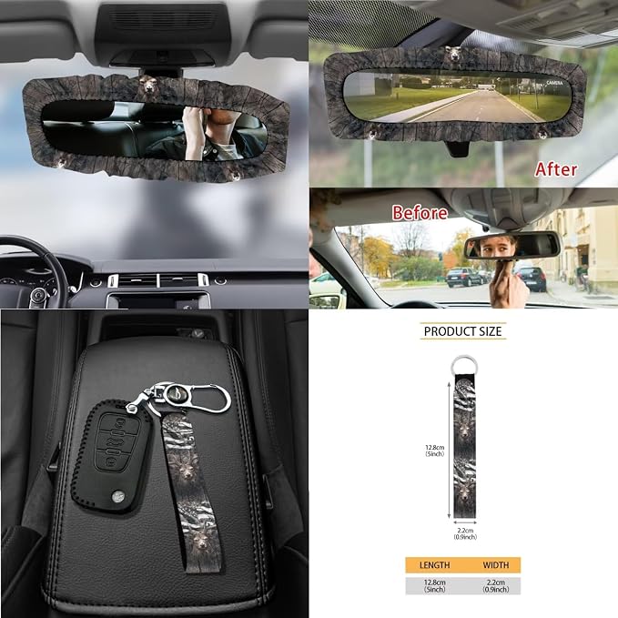 Deer Wood American Flag Pattern 15 PCS Car Interior Accessories, Car Seat Covers + Steering Wheel Cover + Seat Belt Pad + Trash Can + Keychain + Air Vent Storage Bag + Coasters