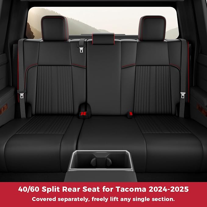 FREESOO Custom Fit Leather Tacoma Seat Covers Full Set Gen 4Th 2024-2026 Double Cab, for Sr/Sr5/Trd Prerunner/TRD Sport/TRD Off-Road/Limited, Seat Covers for Tacoma (5 Seats, BlackRed)