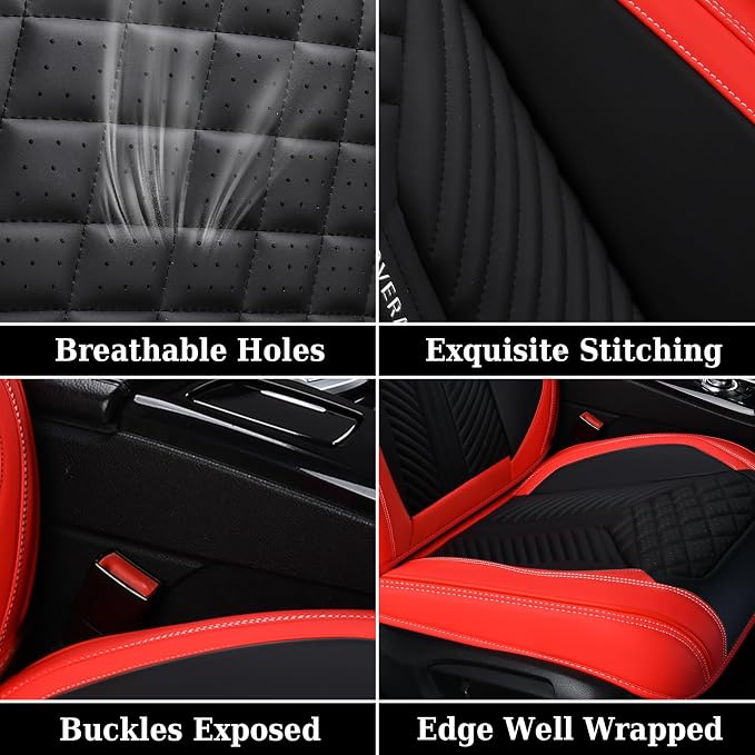 Coverado Front Seat Covers, 2 Pack Waterproof Seat Covers for Cars, Luxury Leather Seat Cushions, Front and Rear Seat Protectors, Auto Seat Covers Fit for Most Vehicles(Black&Red)