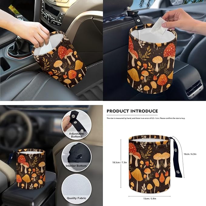 Cute Mushroom 15Pcs Car Seat Cover Full Set Car Steering Wheel Cover Seat Belt Cover Trash Bin Front Rear View Mirror Car Cup Holder Keychain