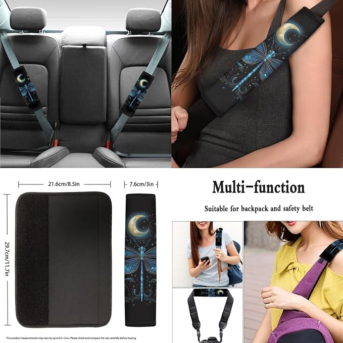 8 Pcs Moon Dragonfly Car Seat Covers Full Set Car Accessories for Women Front Seat Cover Steering Wheel Armrest Cover Seat Belt Cover for Auto SUV Interior Decoration