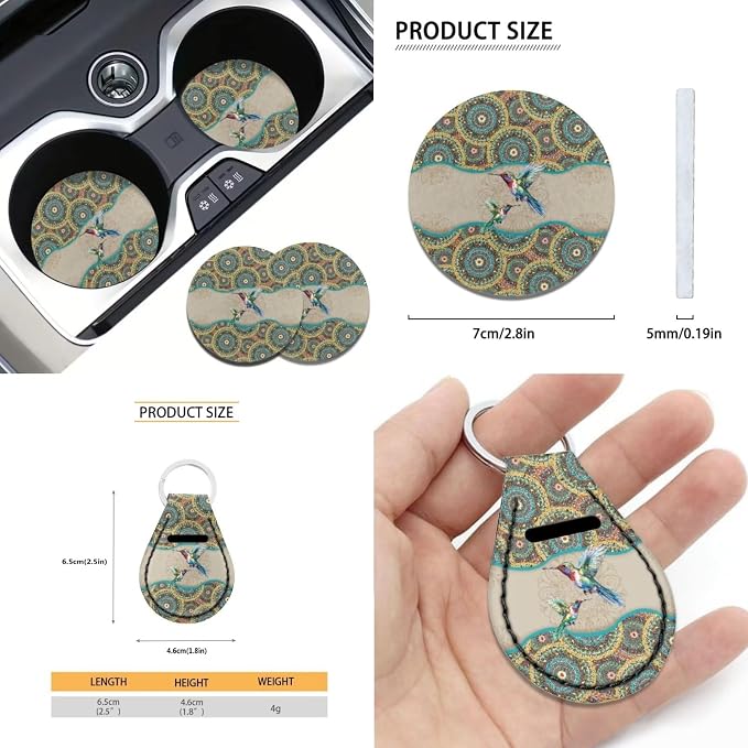 Suobstales Bohemia Mandala Hummingbird Seat Covers for Cars Full Set 11-Pcs, Car Accessories Steering Wheel Cover + Seat Belt Covers Pads + Coasters + Keychains for Women Interior Accessories Decor