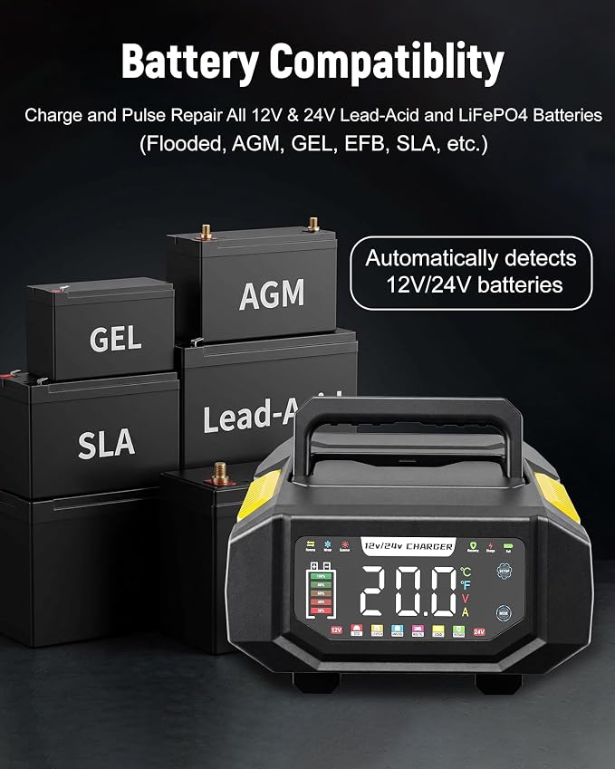 1-20A Smart Battery Charger, 12V/24V Automatic Automotive Battery Maintainer & Desulfator with Temperature Compensation, Adjustable Amp Trickle Charger for Lead-Acid, AGM, Gel, LiFePO4