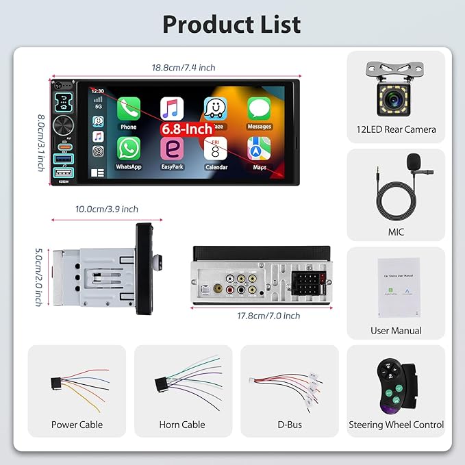 6.8" CarPlay & Android Auto Single Din Car Stereo HD Touch Screen FM Audio Receiver with Bluetooth Handsfree Mirror Link Voice Control Backup Camera/Steering Wheel Control/USB/TF/AUX/MIC