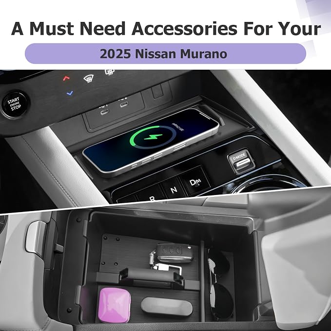 LUWU Center Console Organizer for 2025 2026 Nissan Murano SL/SV/Platinum Accessories Armrest Storage Box, Center Console Wireless Charging Protective Mat Murano 2026 Accessories 2-Pack