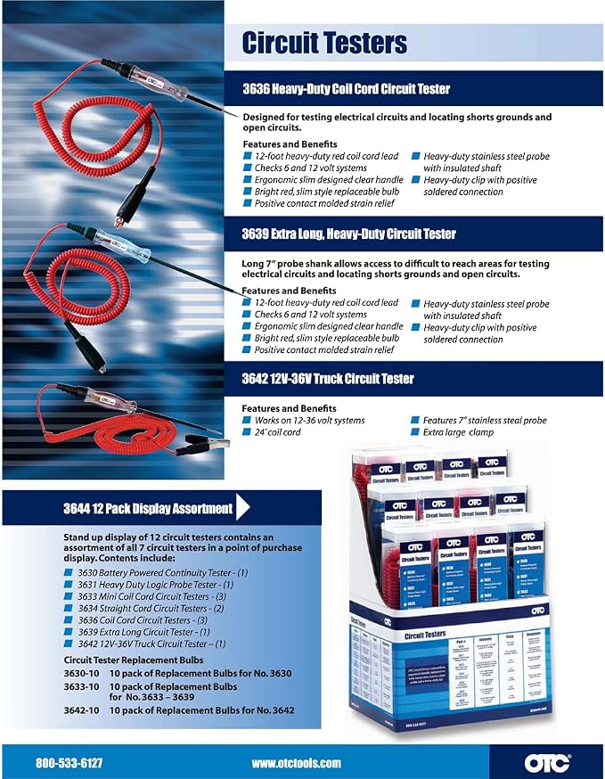 OTC 3642 Truck Electrical Circuit Tester - 12V-24V with 24 Foot Cord,Red
