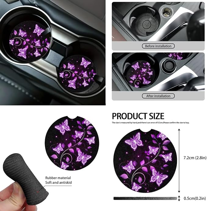 Purple Butterfly Car Seat Covers Full Set 12 Pack Car Steering Wheel Cover Auto Seat Belt Cover Center Console Cover Cars Coasters Gear Lever Cover for Most Cars, SUVs