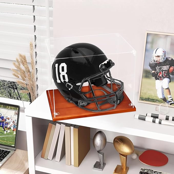 Hooqict Football Helmet Display Case Acrylic Clear with Solid Wood Base UV Protected Full Size Football Helmet Case Display Holder Stand for Hockey Baseball Motorcycle Sports Collections