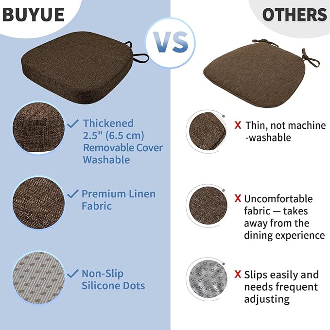 BUYUE Thickened 2.5" Friendly Woven Fabric Dining Chair Cushion, U-Shape High Density Foam Comfortable Chair Pad for Kitchen, Slip Resistant Indoor Seat Cushion (1 Piece, Chocolate)