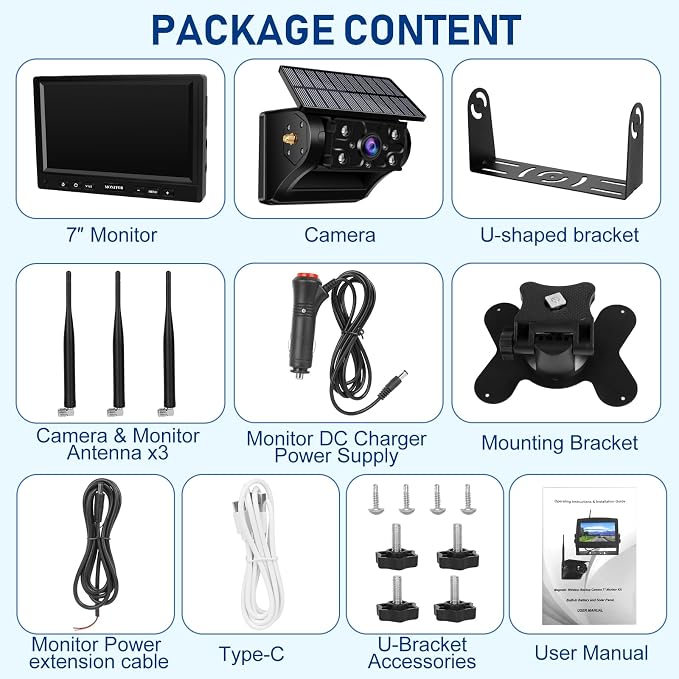 Wireless Backup Camera for Truck RV Trailer Car Camper Tractor Vehicles, Magnetic Solar Reverse Camera,7" HD 1080P Monitor with Portable Rechargeable Waterproof 170° Rear View Camera,IR Night Vision