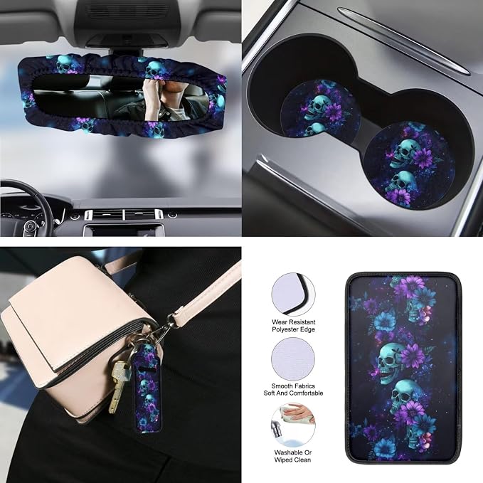 Skull Floral Printed Auto Seat Protector with Stretchable Armrest Pad Cover Waterproof Lipstick Holder Keychain Car Coaster Non Slip Car Seat Cover Full Set Auto Accessories Set, 15 Pack