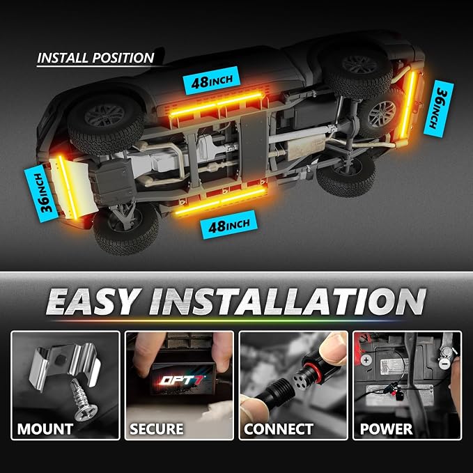 OPT7 10ft Extension Wire & Underglow Bundle Kit with App Control, RGB Multicolor Modes, Music Sync, Truck LED Light Bar Decoration Accessories for Tacoma 4Runner F150