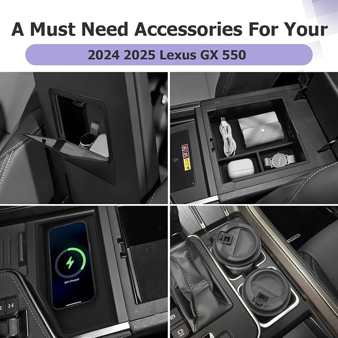 LUWU Center Console Organizer for 2024 2025 2026 Lexus GX 550 Accessories Hidden Box,Armrest Storage Box,Charging Protective Mat,Center Console Cup Holder GX550 Accessories 4-Pack (NOT FIT COOL BOX)