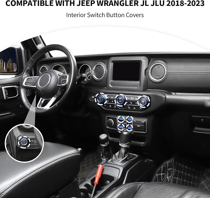 JeCar JL Switch Button Covers Window Control Air Conditioner Headlight Volume Radio Knob Trims Interior Accessories Compatible with Jeep Wrangler JL JLU 2018-2026 & Gladiator JT 2020-2026, Blue